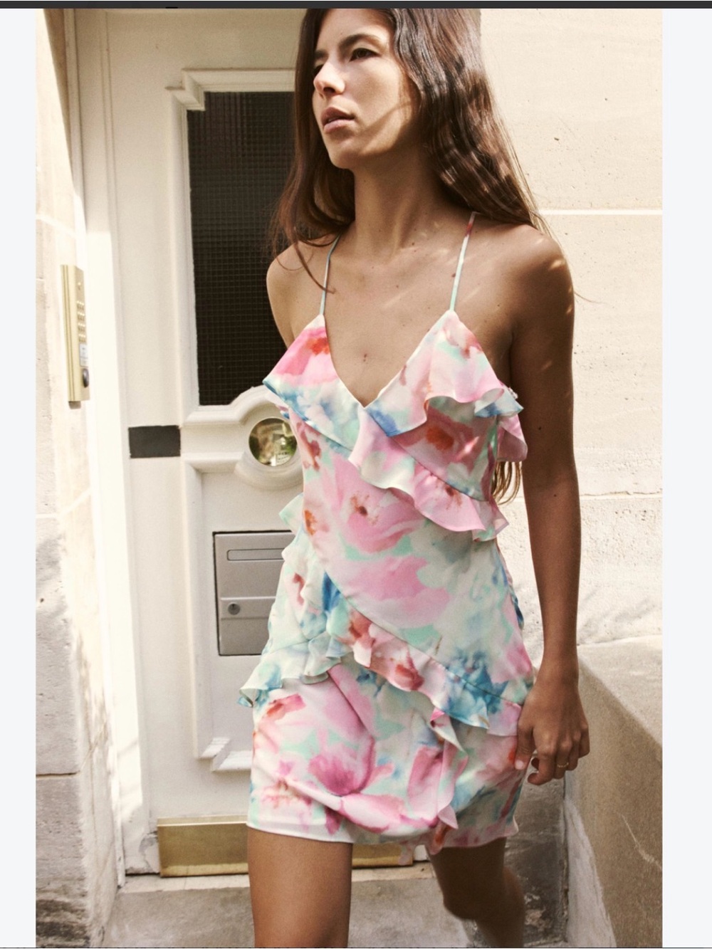 Zara Pastel Watercolor Ruffle Mini Dress - Pink Multi
